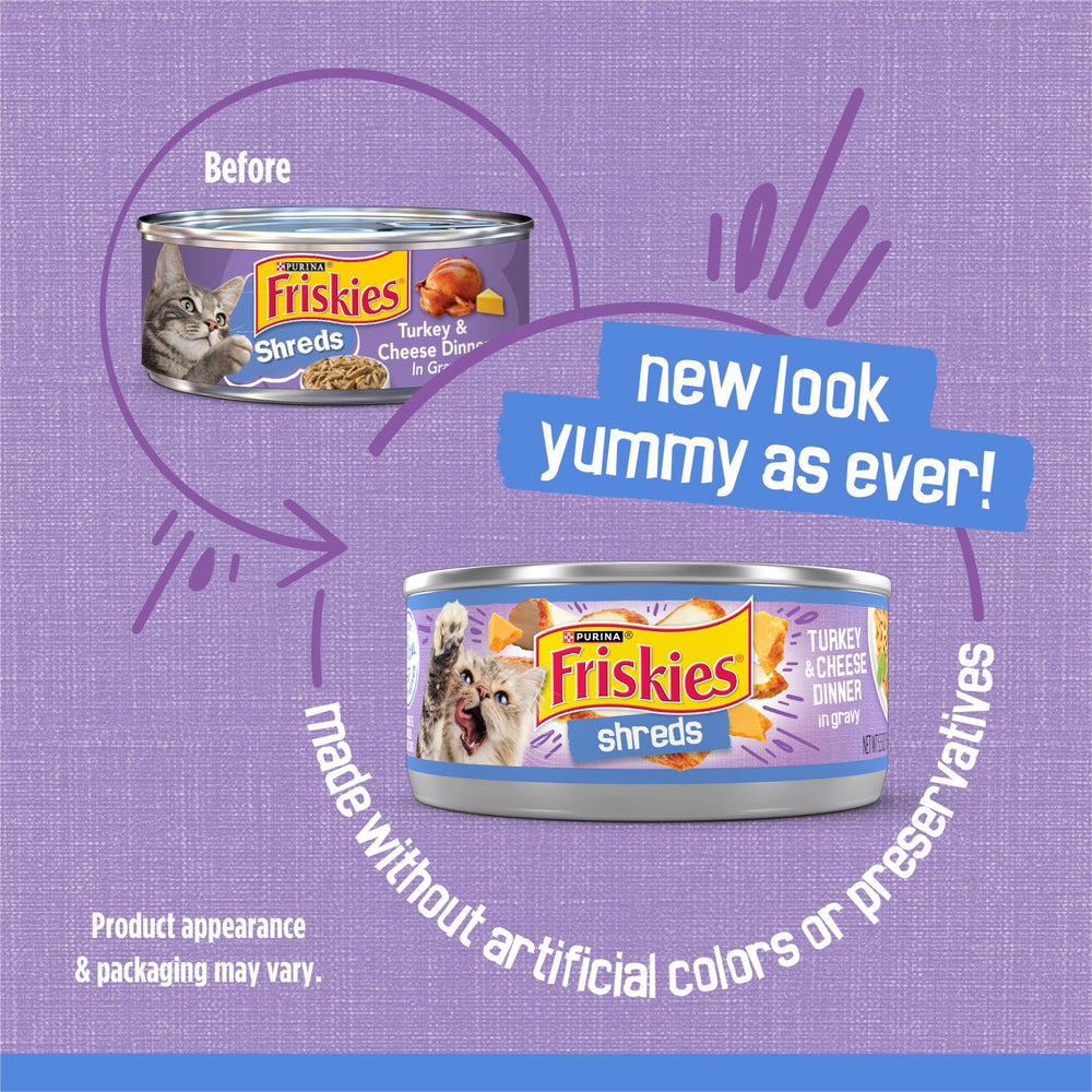 Friskies Shreds Dinde en Gravy avec morceaux tendres, parfait pour stimuler l'appétit.