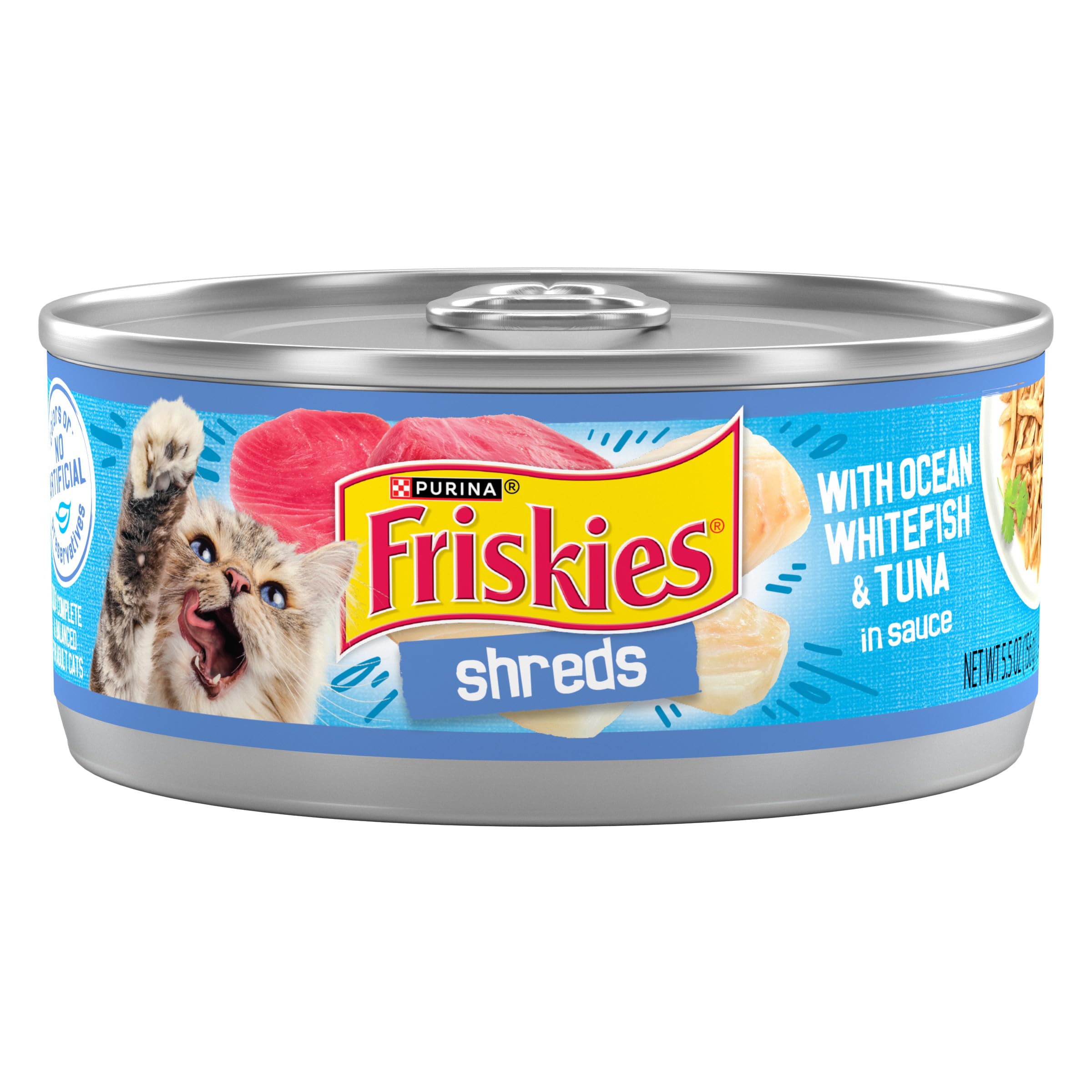 Friskies Shreds poisson blanc et thon dans sauce: bouchées savoureuses en conserve.