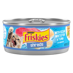 Friskies Shreds poisson blanc et thon dans sauce: bouchées savoureuses en conserve.