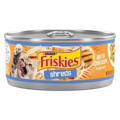 Friskies Shreds poulet dans sauce, boîte ouverte prête à servir.