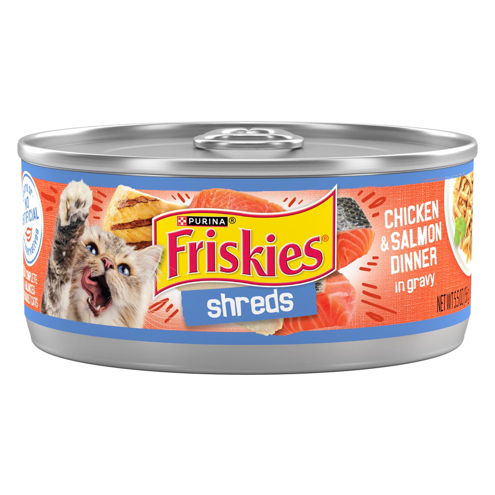 Friskies Shreds: morceaux poulet et saumon avec sauce appétissante pour chat.