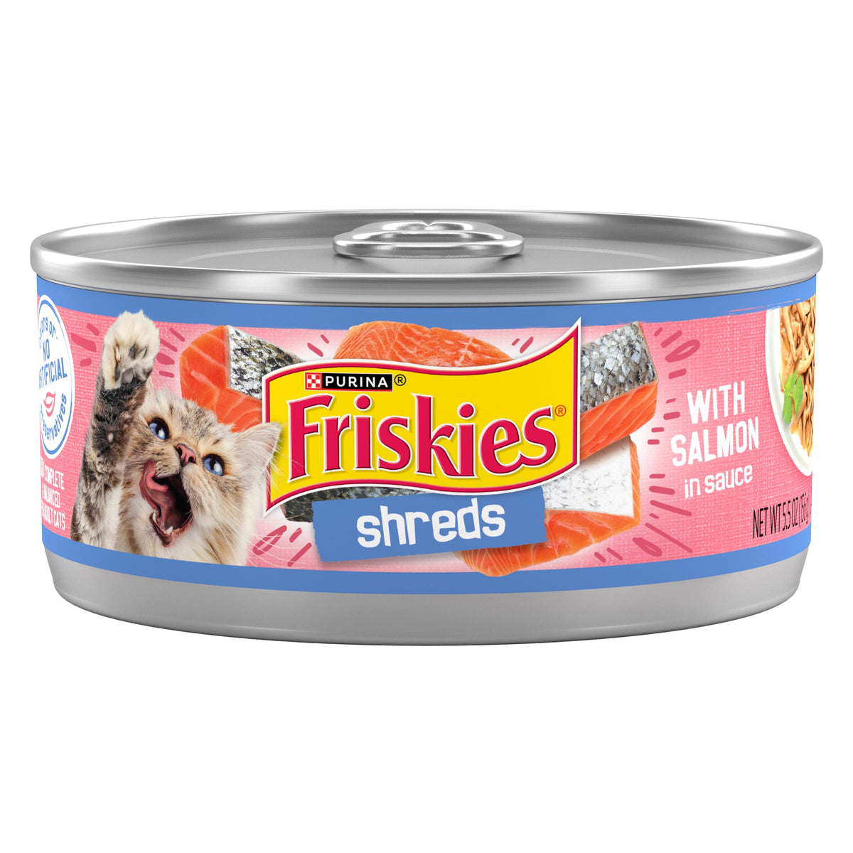Friskies Shreds saumon dans sauce, emballage recyclable et facile à stocker.