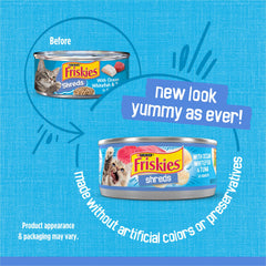 Friskies Shreds texture tendres: morceaux délicats dans sauce pour chat.