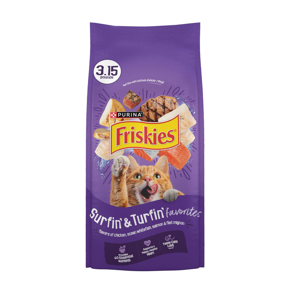 Friskies Surfin Turfin poulet — croquettes savoureuses qui stimulent l'appétit du chat.