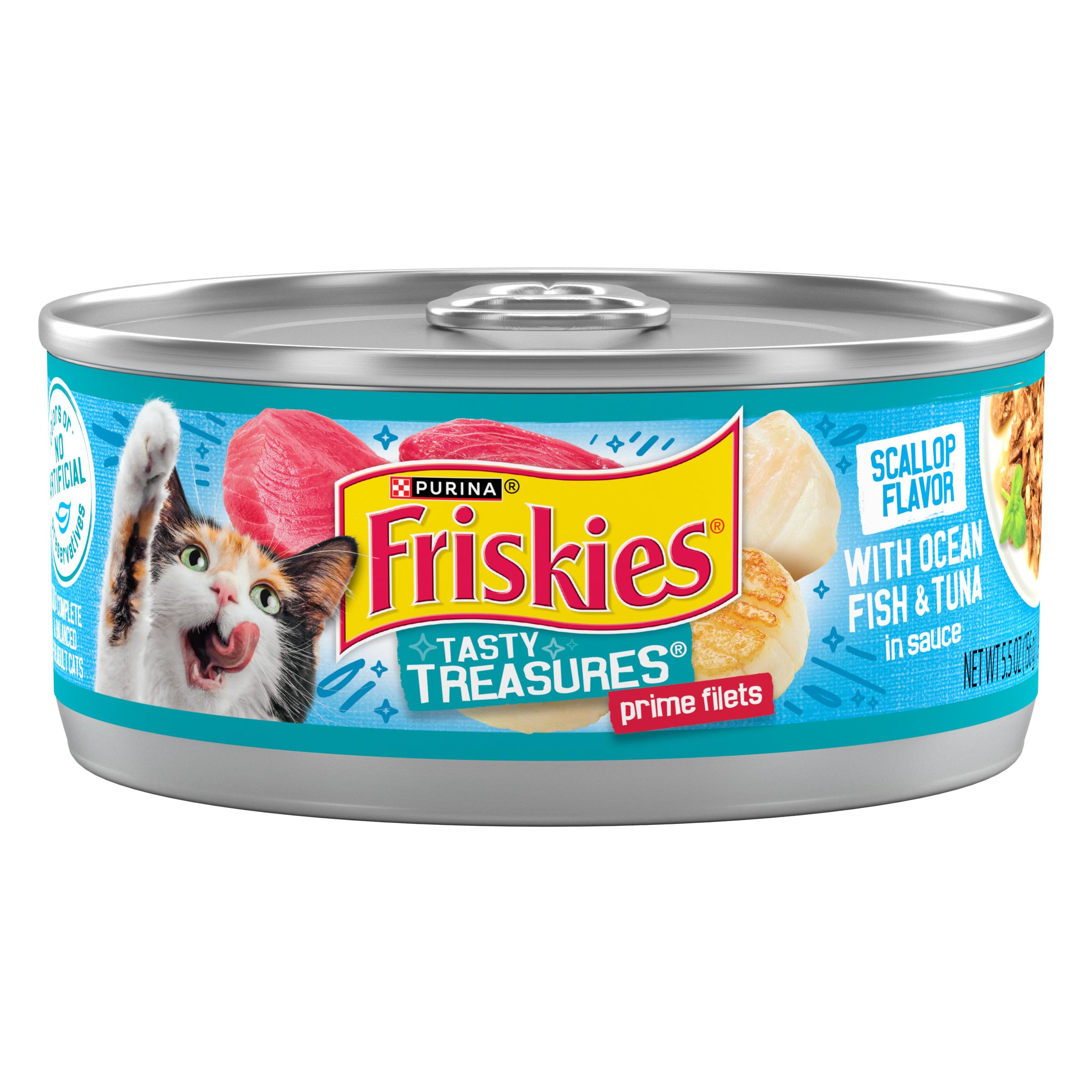 Purina Friskies Tasty Treasures, étiquette montrant poisson et thon en sauce, gout appétissant