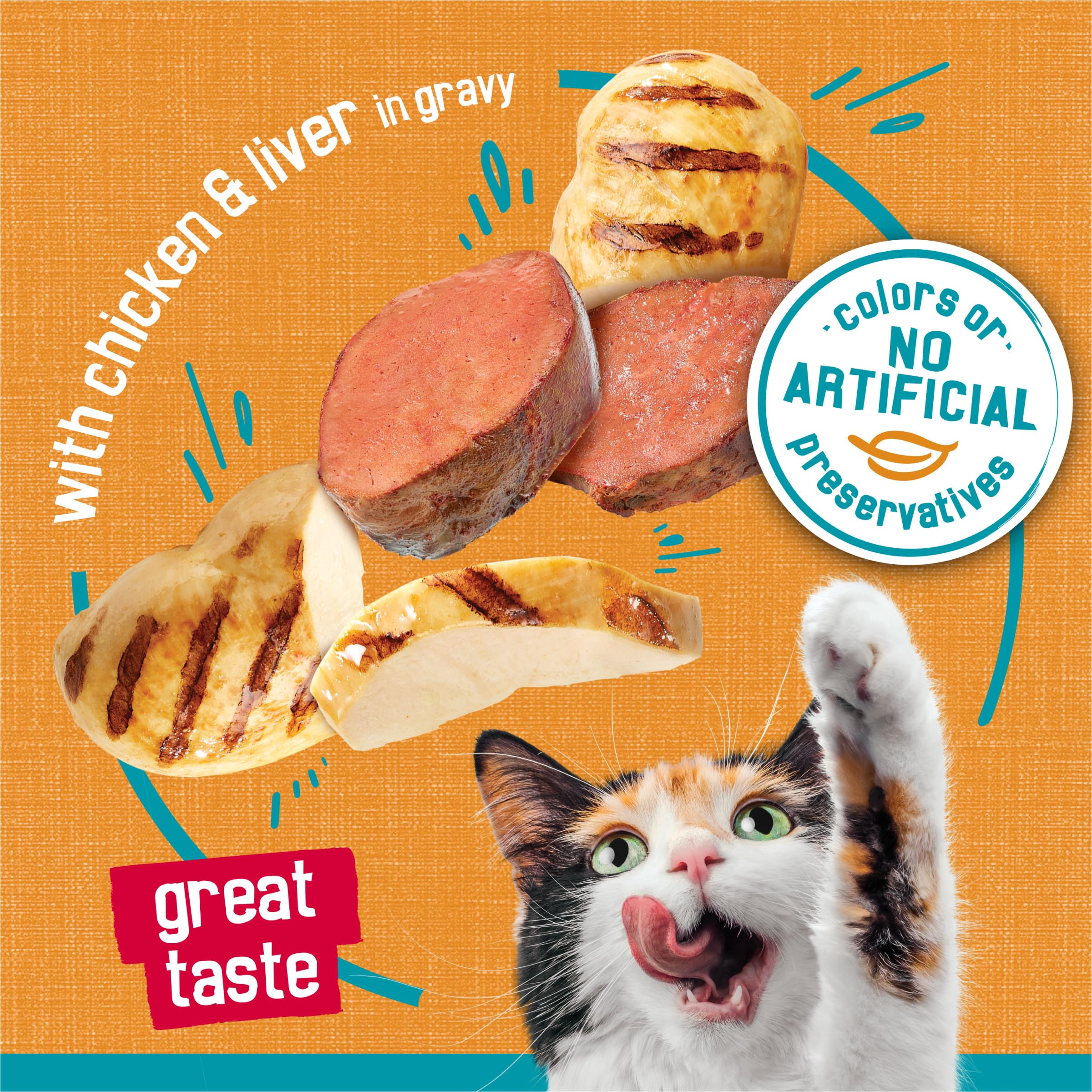 Friskies Tasty Treasures morceaux de poulet visibles pour chat enthousiaste.