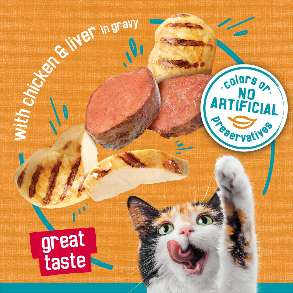 Friskies Tasty Treasures morceaux de poulet visibles pour chat enthousiaste.