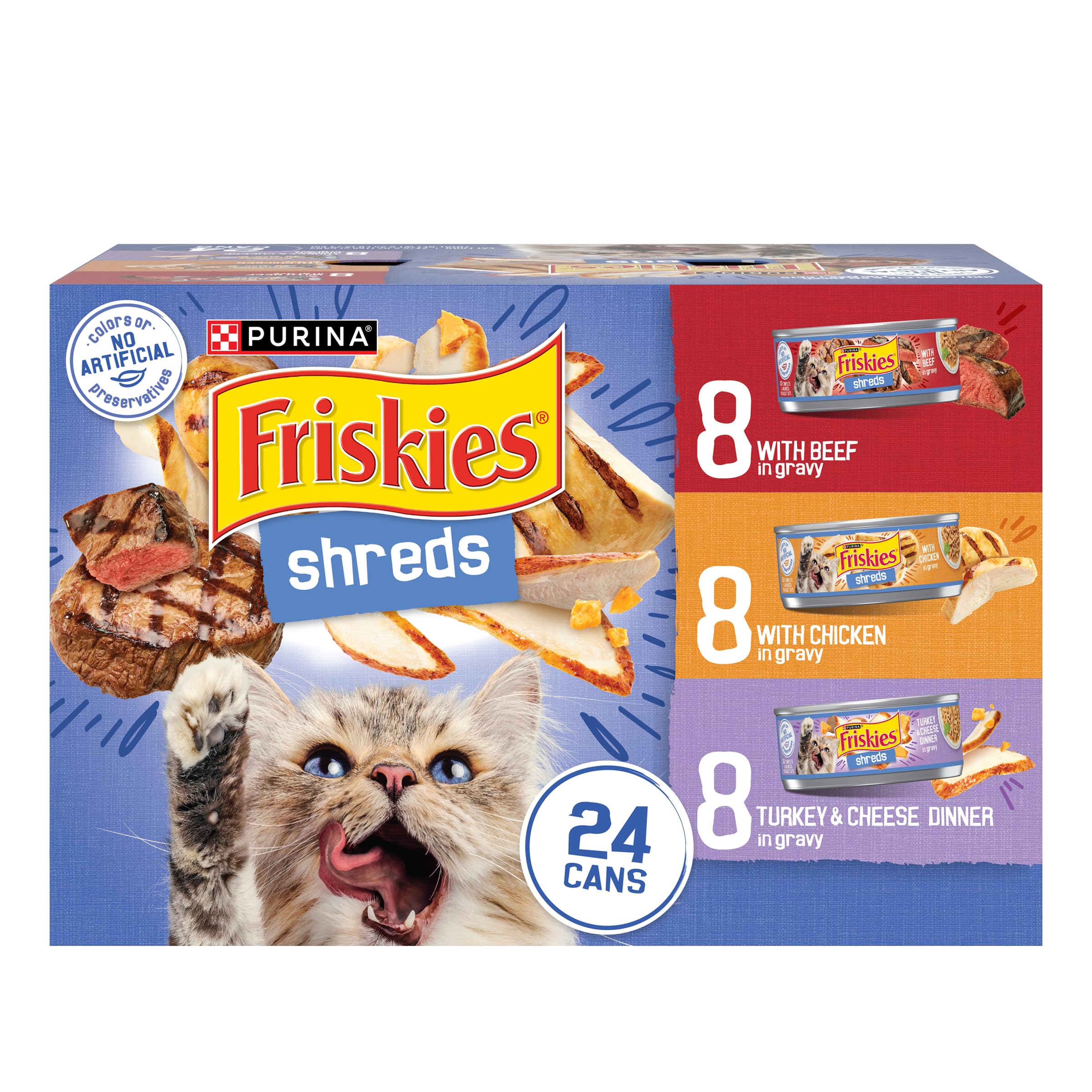 Friskies variete chat – morceaux effilochés boeuf dans une sauce savoureuse.