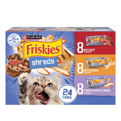 Friskies variete chat – morceaux effilochés boeuf dans une sauce savoureuse.
