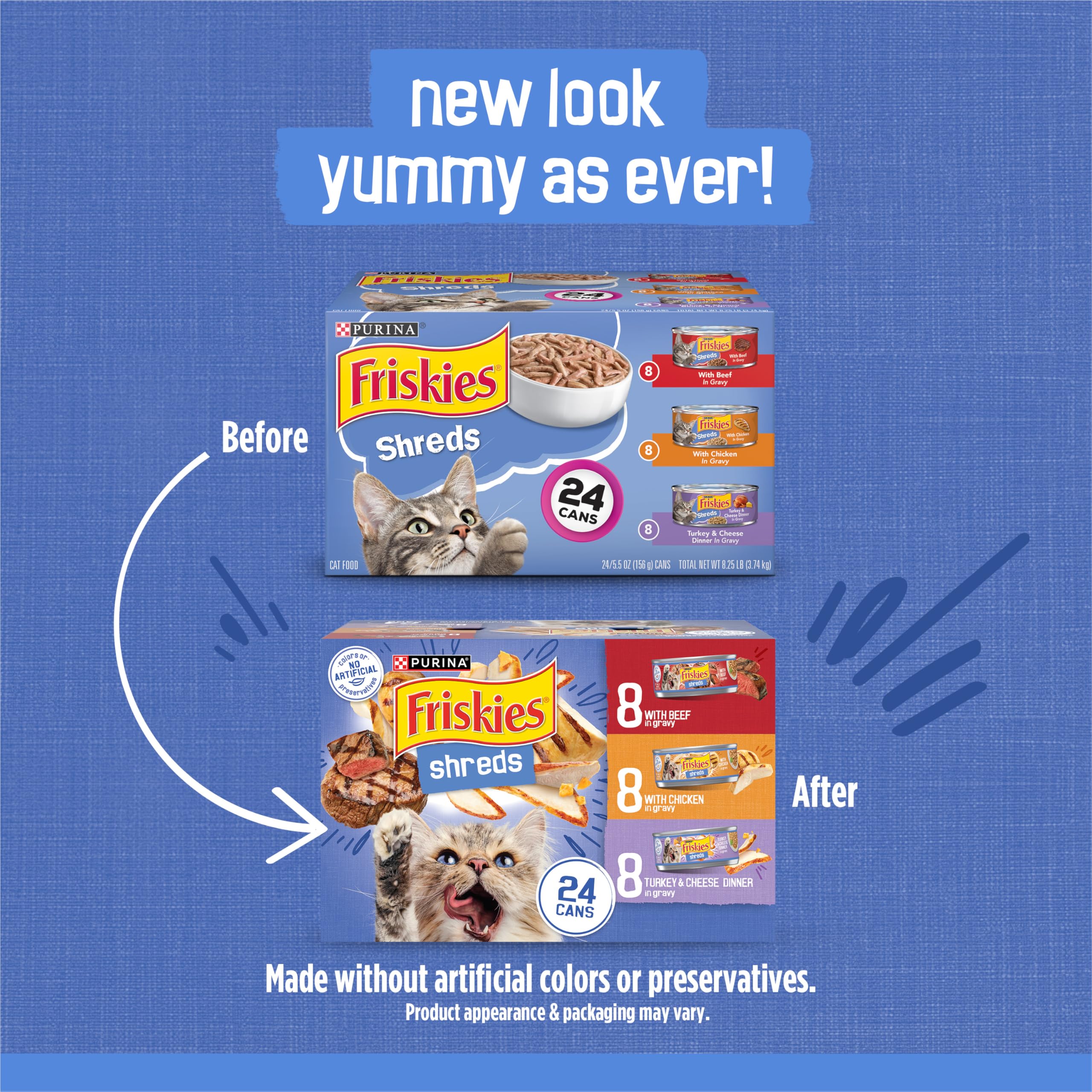 Friskies variete chat – morceaux effilochés poulet dans une sauce appétissante.