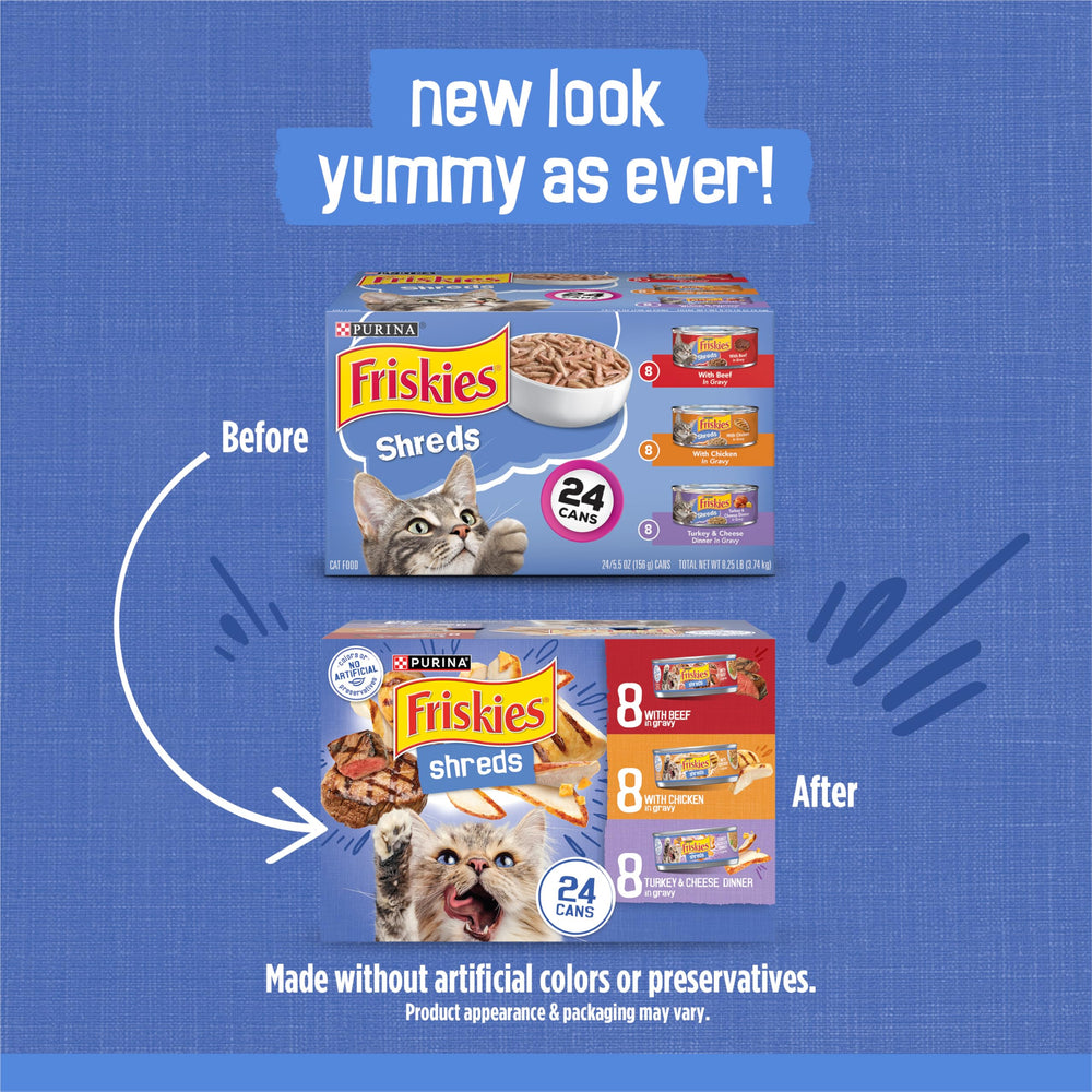 Friskies variete chat – morceaux effilochés poulet dans une sauce appétissante.