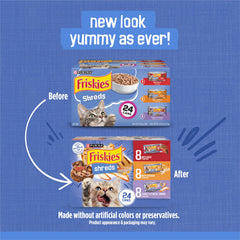 Friskies variete chat – morceaux effilochés poulet dans une sauce appétissante.