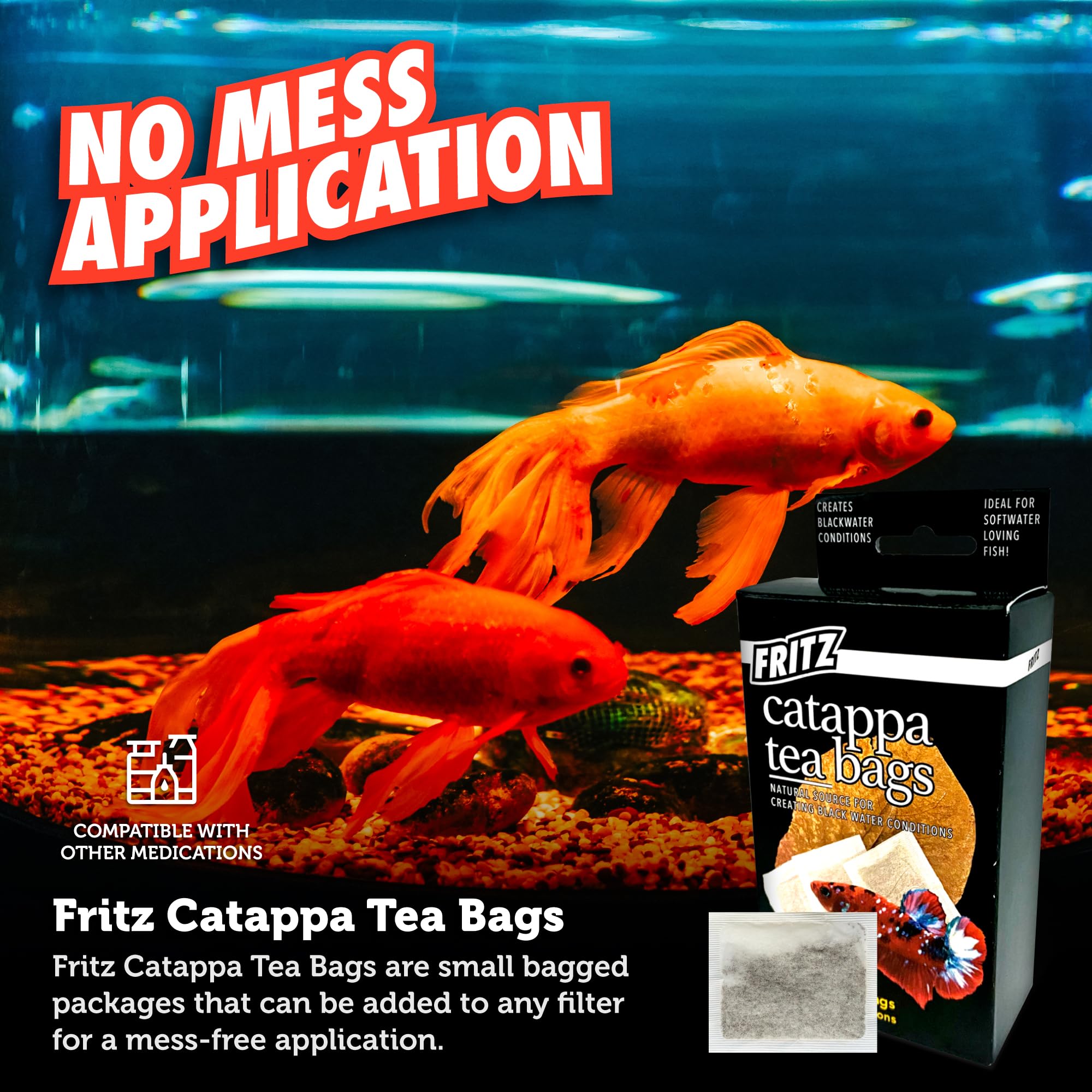 Fritz Aquatics Betta Botanicals : aquarium communautaire noir grâce aux tanins Catappa.