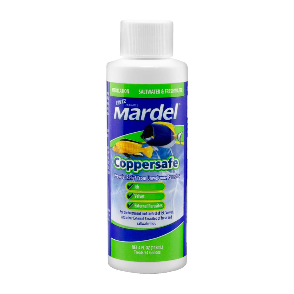 Bouteille Fritz Mardel CopperSafe prête au traitement des parasites des poissons.