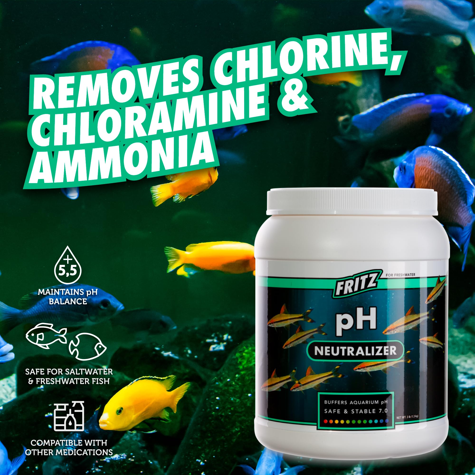 Fritz Aquatics élimine le chlore et l'ammoniaque pour eau plus saine.