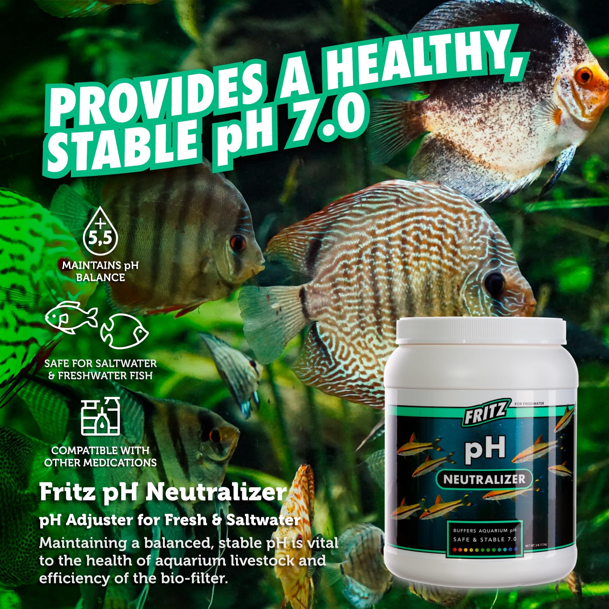 Neutraliseur pH Fritz Aquatics stabilise le pH à 7,0 pour les poissons.