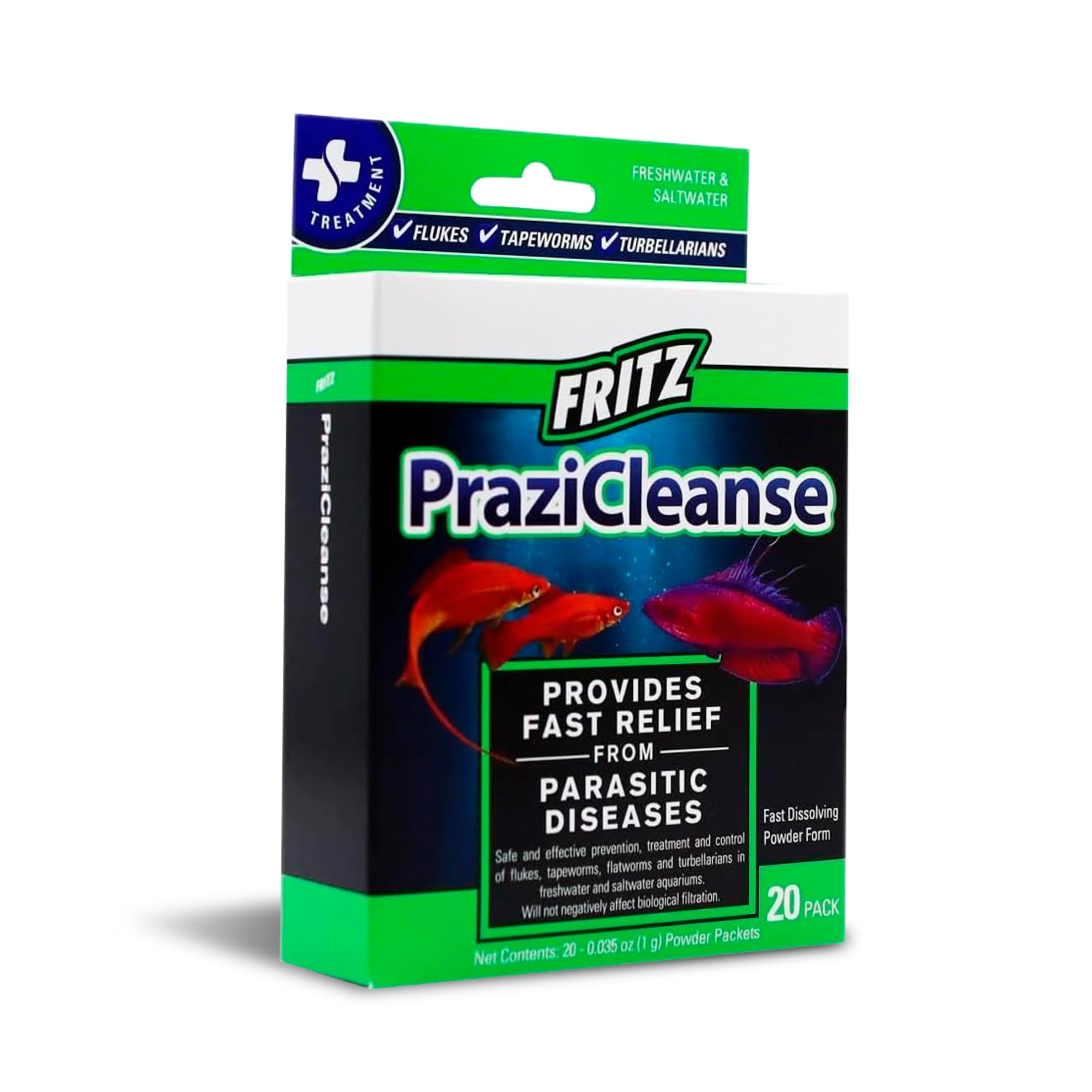Fritz Aquatics PraziCleanse, boîte de 20 sachets, dosage pratique.