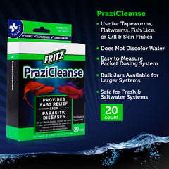 PraziCleanse Fritz Aquatics, sachets ouverts, dosage rapide et précis.