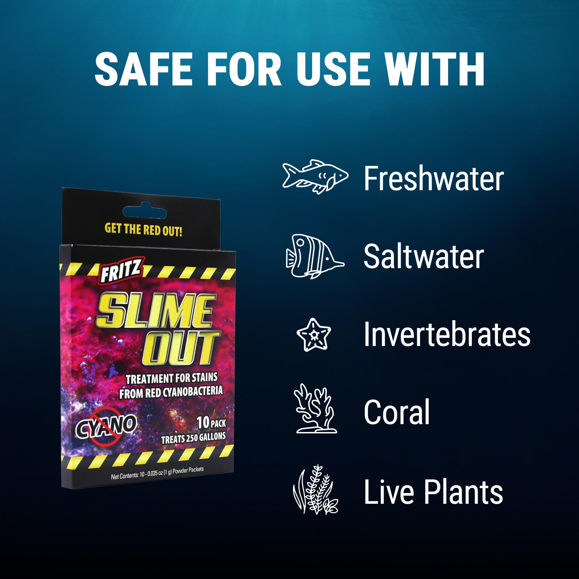Fritz Aquatics Slime Out – utilisation en eau douce et salée, compatible avec poissons.