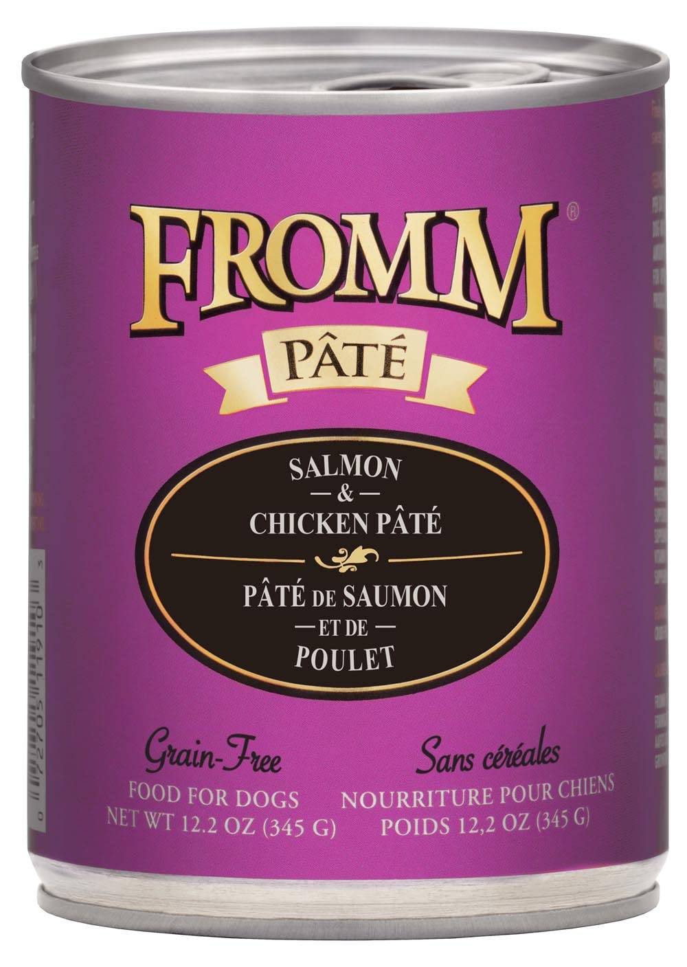 Fromm Pâté Saumon Poulet, boîte ouverte, texture délicate pour chien gourmand.