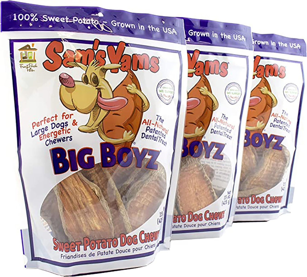 Front Porch Pets Sams Yams Big Boyz sac ouvert avec bouchées végan sans céréales.