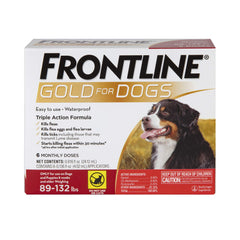 Flacon Frontline Gold prêt pour l’application sur le dos d’un chien tres-grand, protection mensuelle.