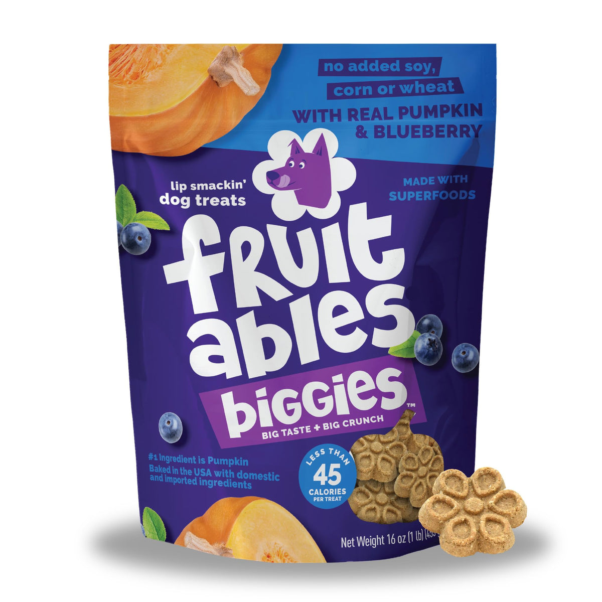 Friandise Fruitables Biggies citrouille-myrtille, régal croquant pour l'entraînement.