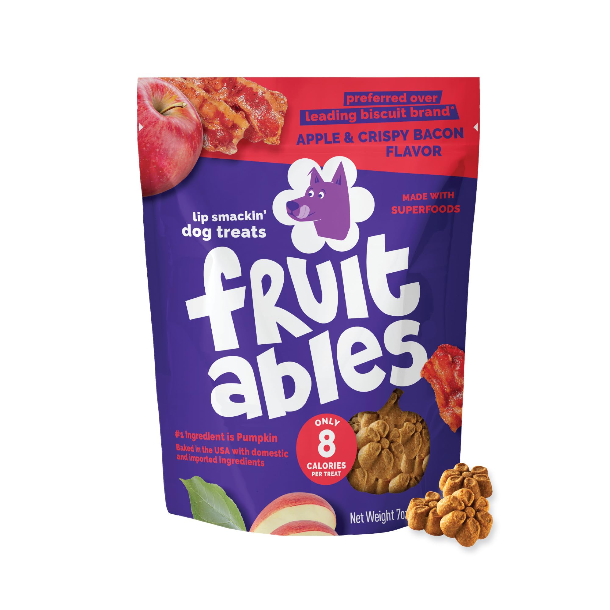 Friandises Fruitables: biscuit pomme bacon croustillant, récompense idéale pour entraînement.