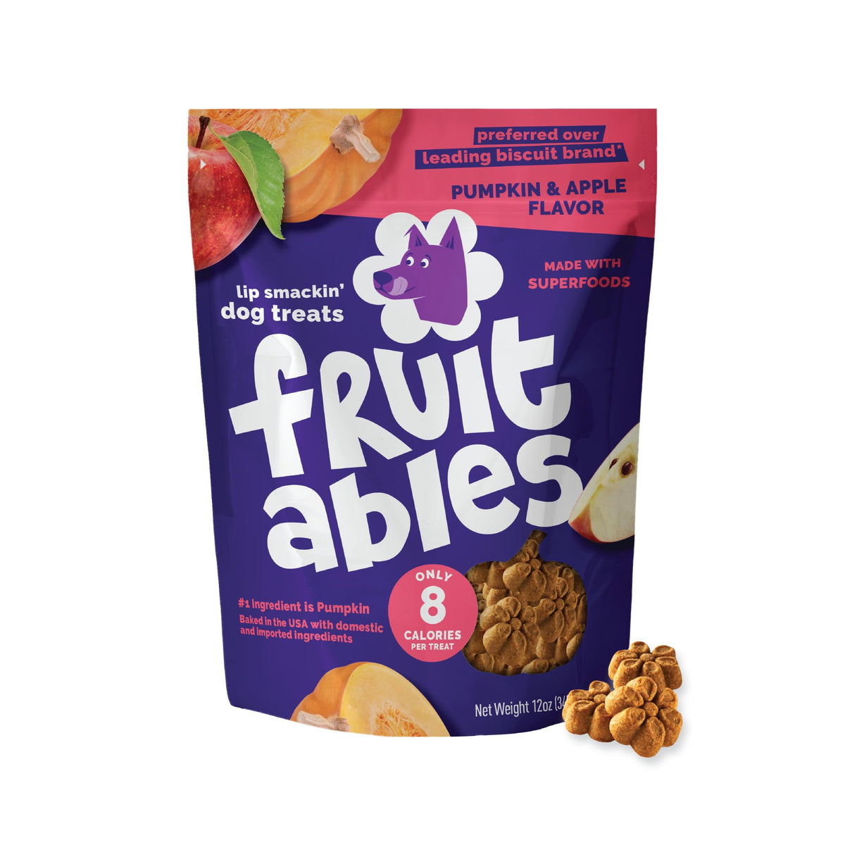 Friandises Fruitables biscuit croquant citrouille-pomme pour chien, récompense gourmande et saine.