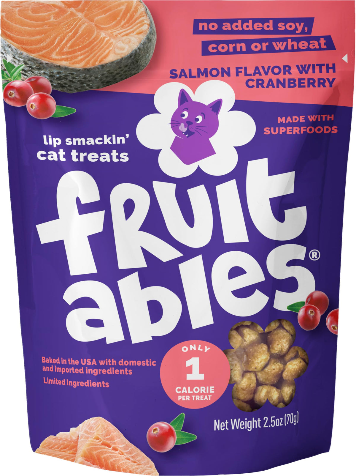 Friandises Fruitables au saumon et canneberges, croquant savoureux pour récompenser votre chat.
