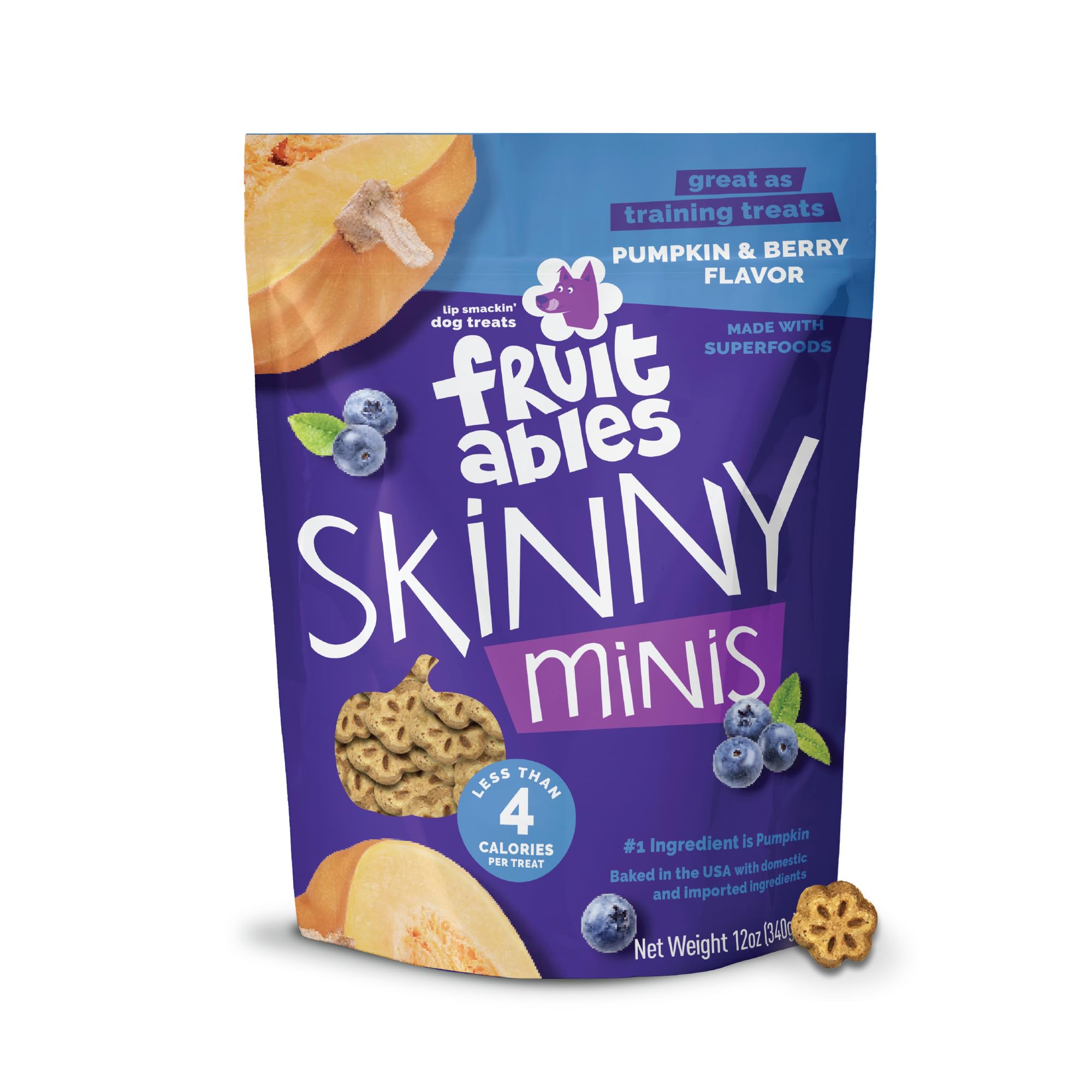 Fruitables Skinny Minis potiron et baies – gâterie légère pour entraînement.