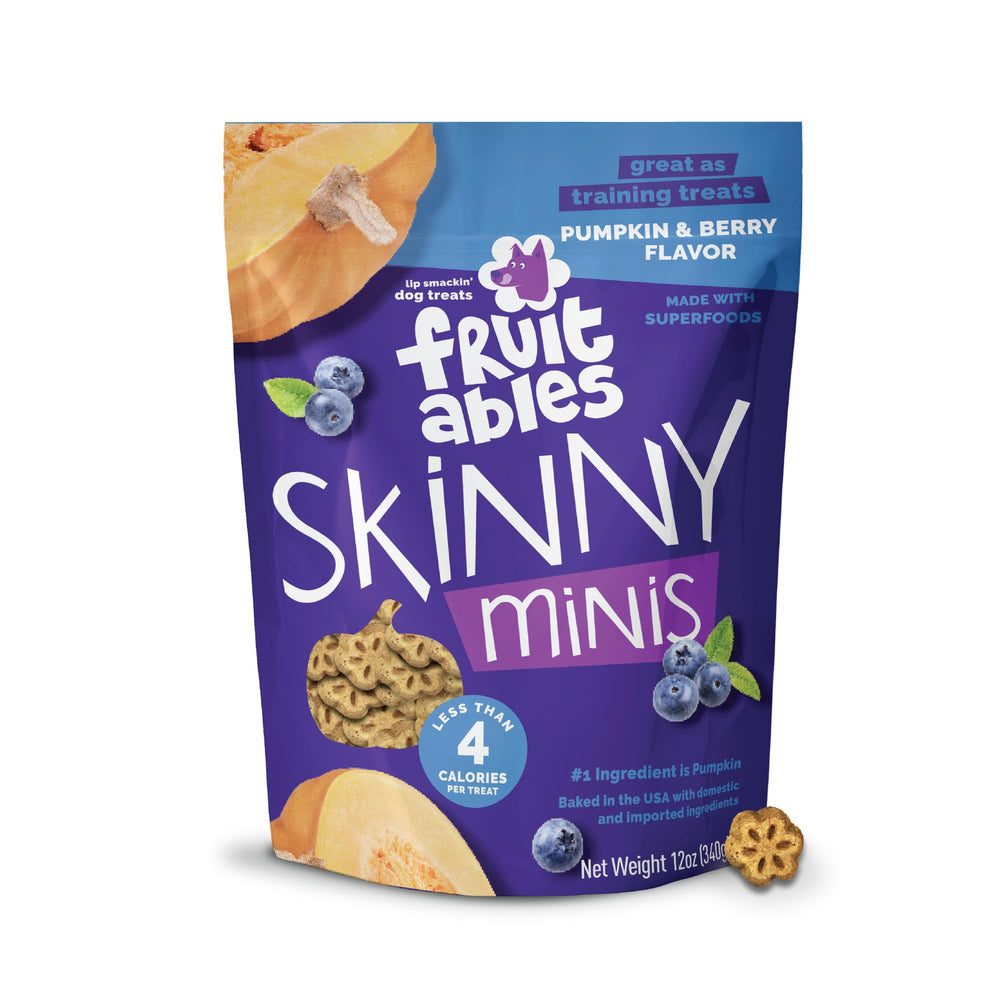 Fruitables Skinny Minis potiron et baies – gâterie légère pour entraînement.
