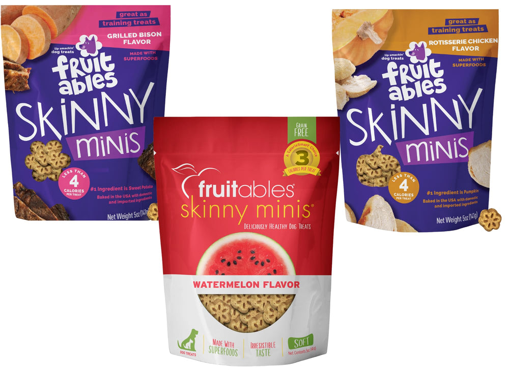 Fruitables Skinny Minis bison grillé, friandise savoureuse idéale pour l'entraînement des chiens.
