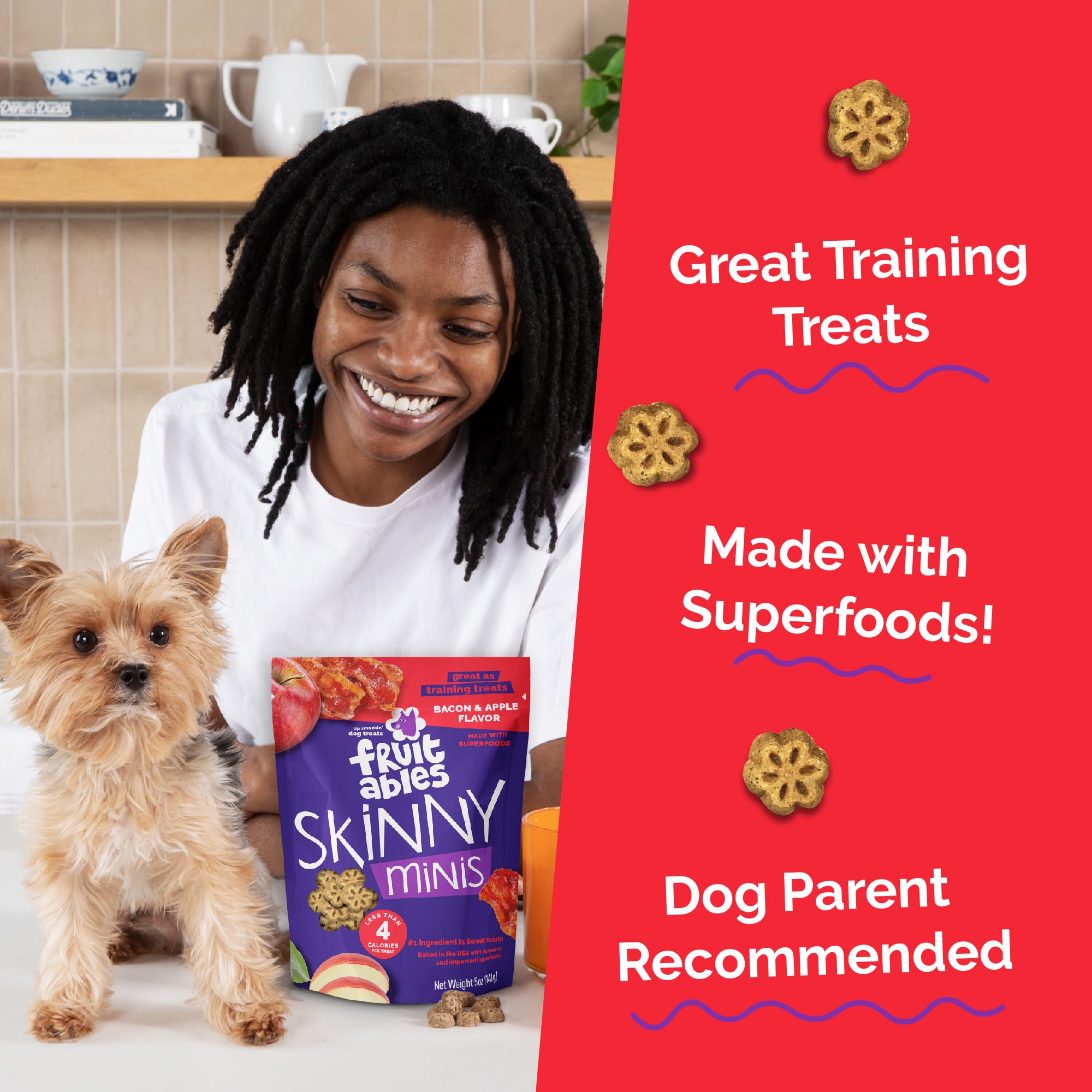 Fruitables Skinny Minis bouchée patate douce, texture tendre appréciée par les chiens.