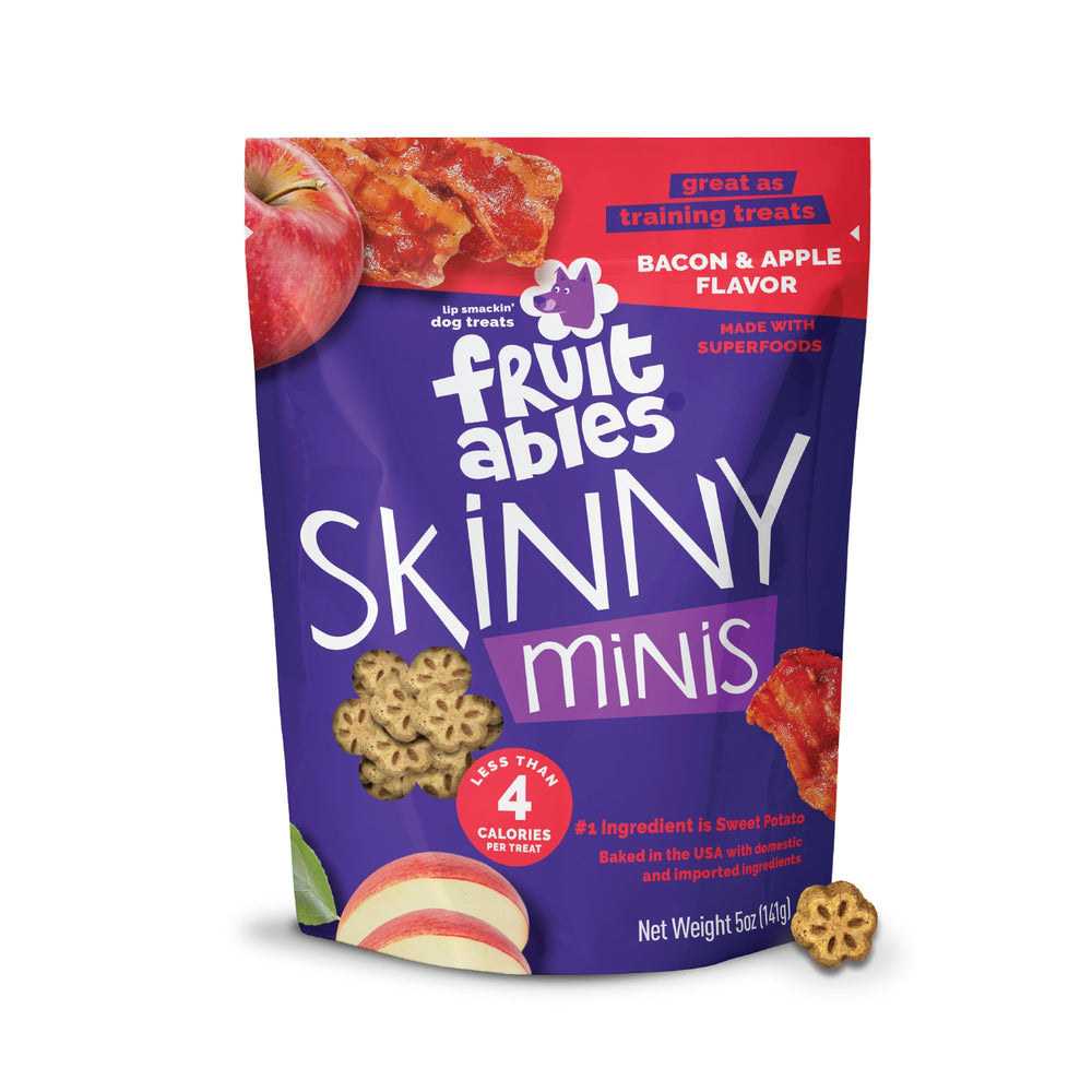 Fruitables Skinny Minis emballage visible, récompense pratique pour l'entraînement quotidien du chien.
