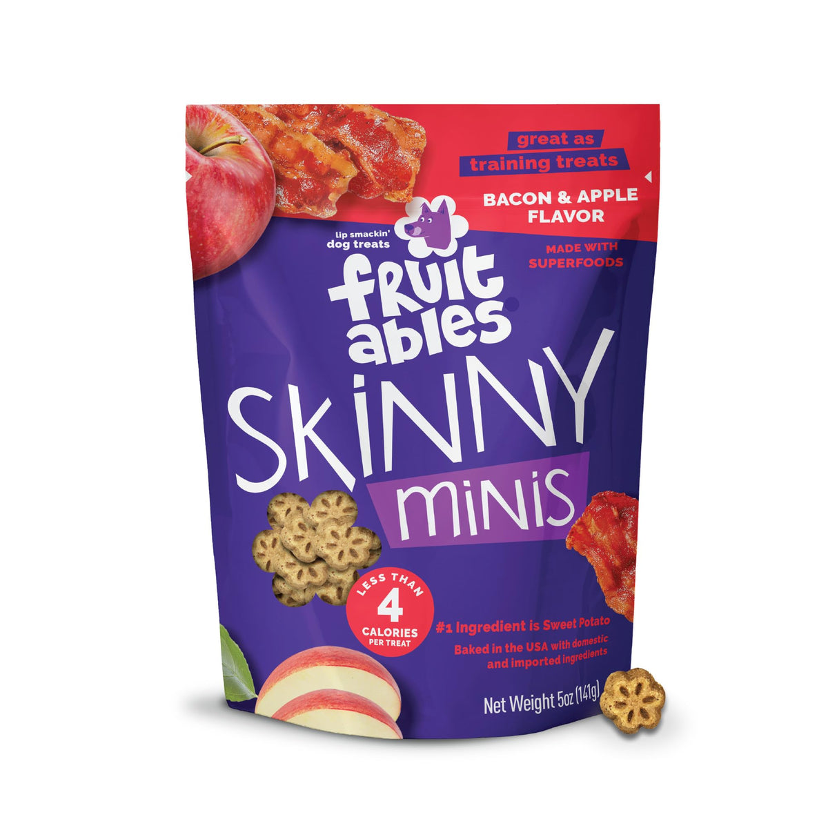 Fruitables Skinny Minis emballage visible, récompense pratique pour l'entraînement quotidien du chien.
