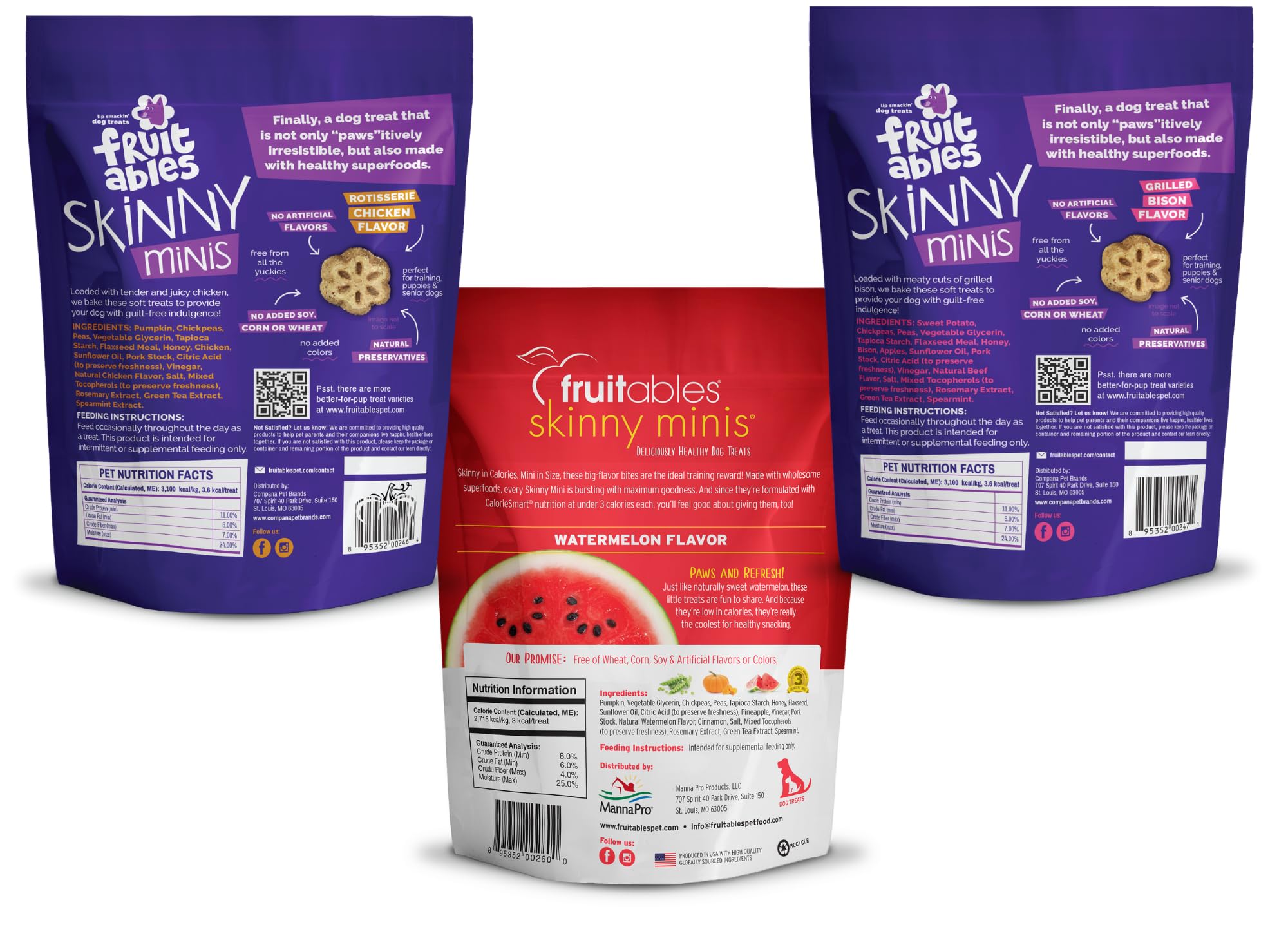 Fruitables Skinny Minis saveur pastèque, arôme frais en bouchée pour chiens.