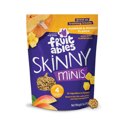 Fruitables Skinny Minis: paquet ouvert montrant friandise potiron-mangue idéale pour l'entraînement.