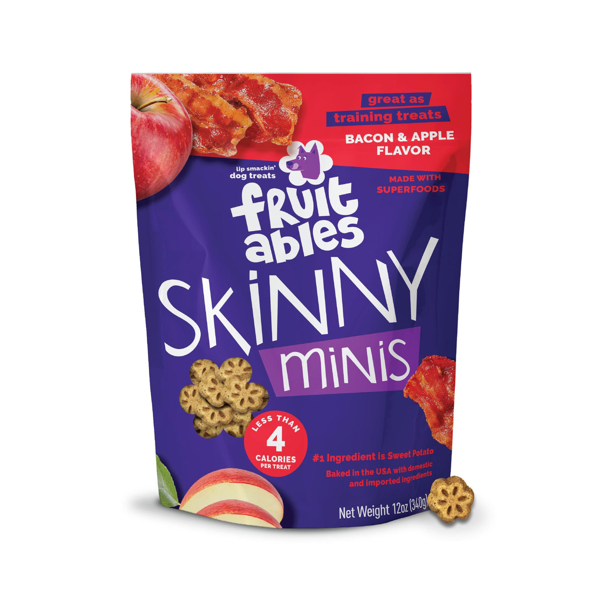 Fruitables Skinny Minis saveur bacon-pomme, récompense gourmande pour l'entraînement quotidien.