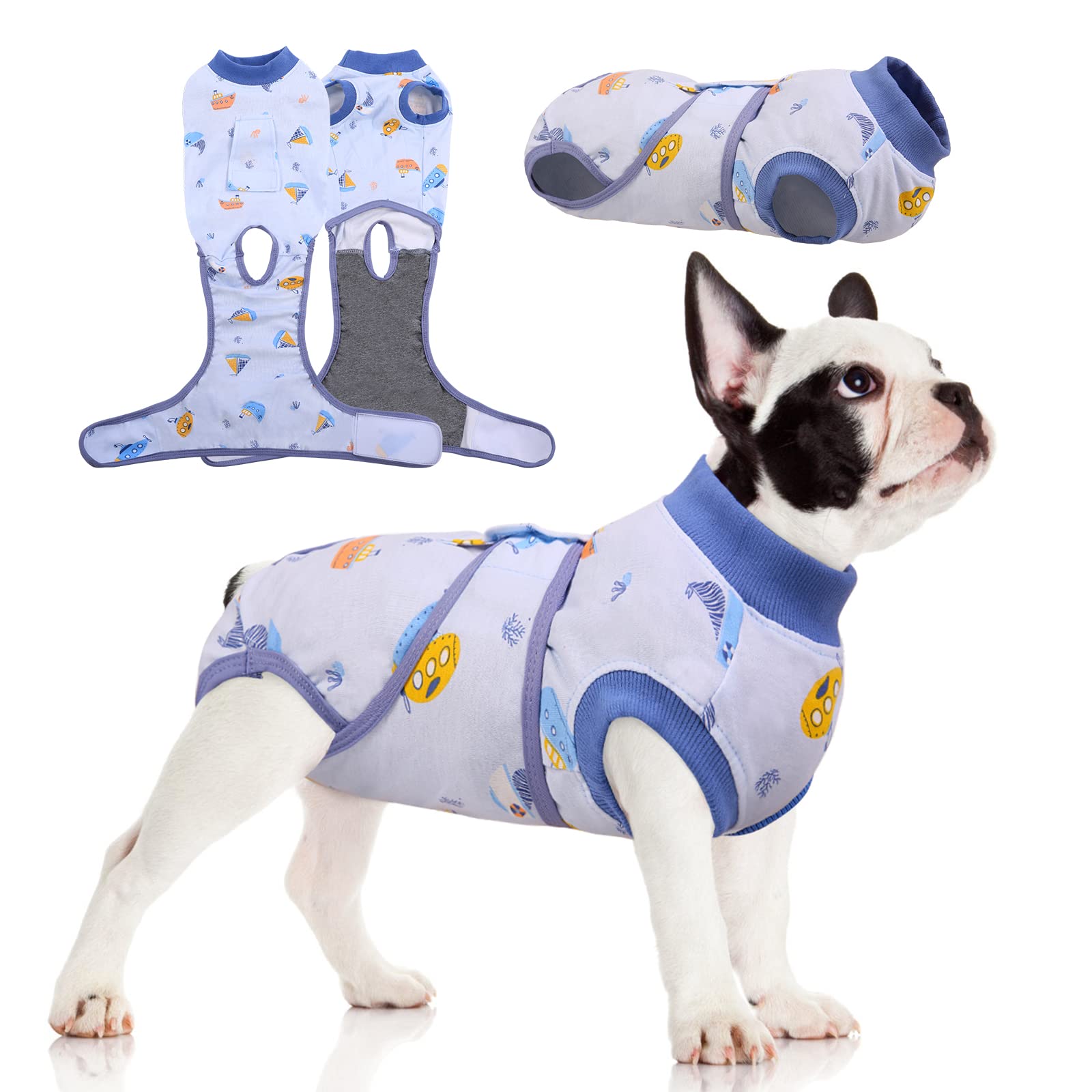 FUAMEY combinaison de récupération chien vue avant bleu protège les plaies et offre du confort