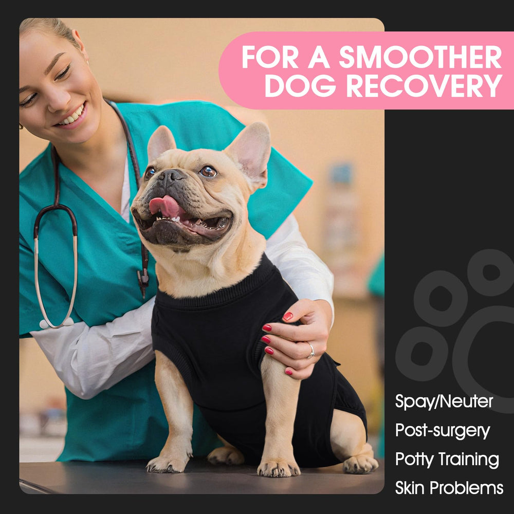 FUAMEY combinaison récupération chien noir XS, vue latérale, facile à enfiler et retirer.