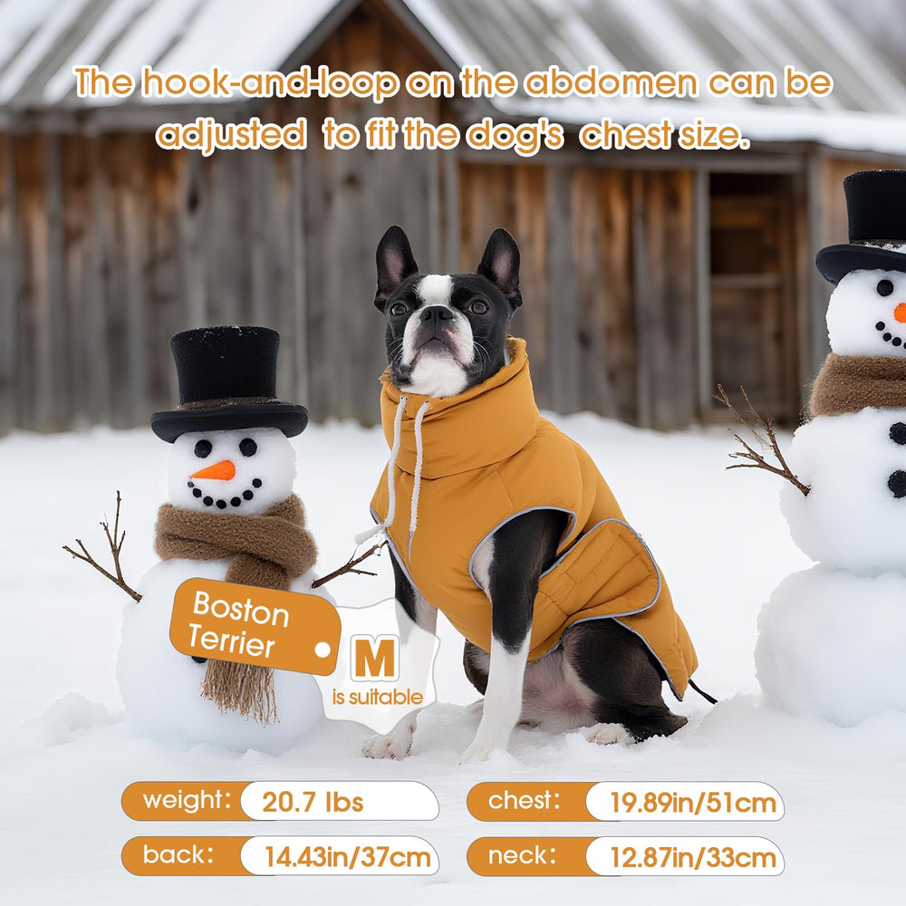Manteau FUAMEY pour chien, couleur moutarde vive pour meilleure visibilité.