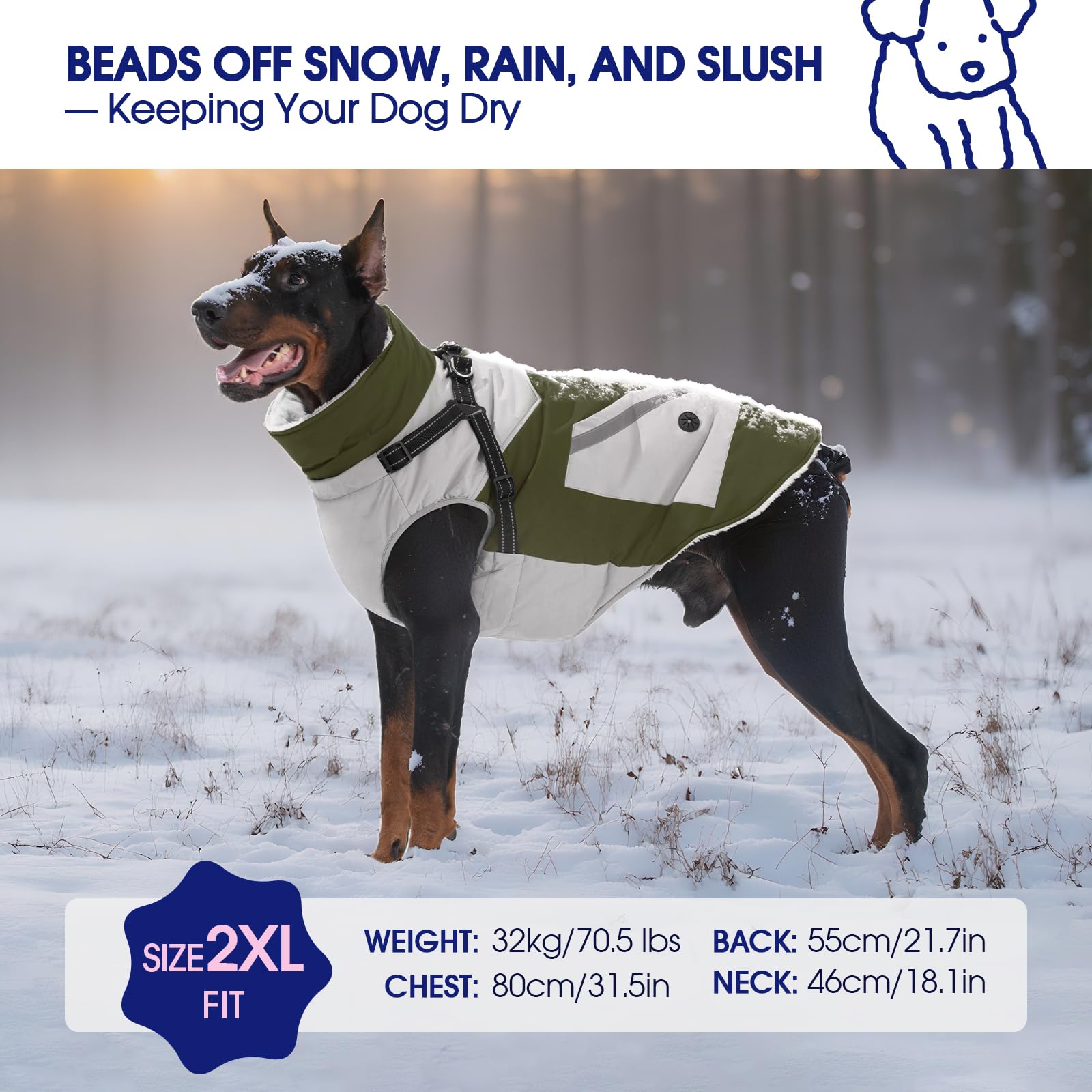 FUAMEY veste hivernale chien grande 2XL vert - doublure polaire chaude pour le froid.
