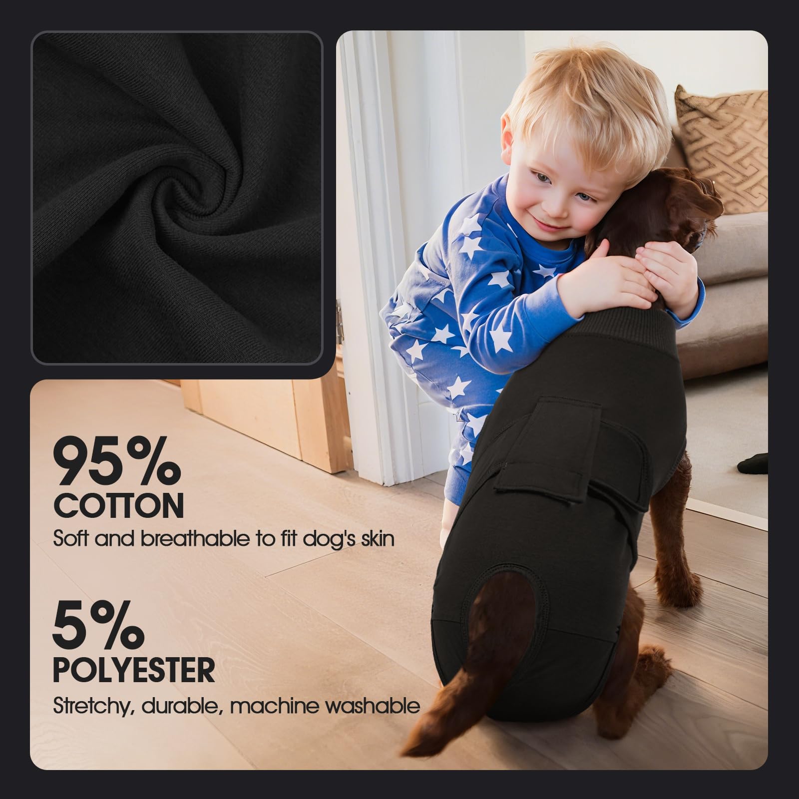 FUAMEY vêtement récupération chien noir XS, intérieur et extérieur, mouvement libre.