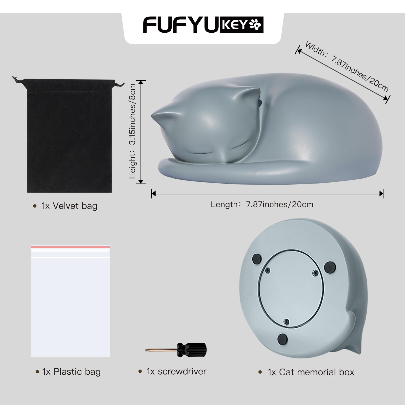 FUFYUKEY Urne chat gris avec sac en velours pour protéger les cendres.