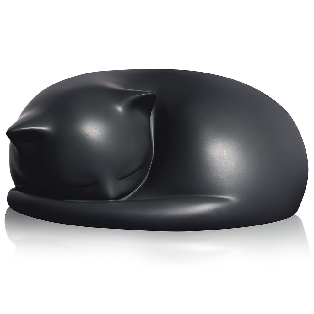 Urne FUFYUKEY pour chat en résine noire, vue dodo, conserve cendres et souvenirs.