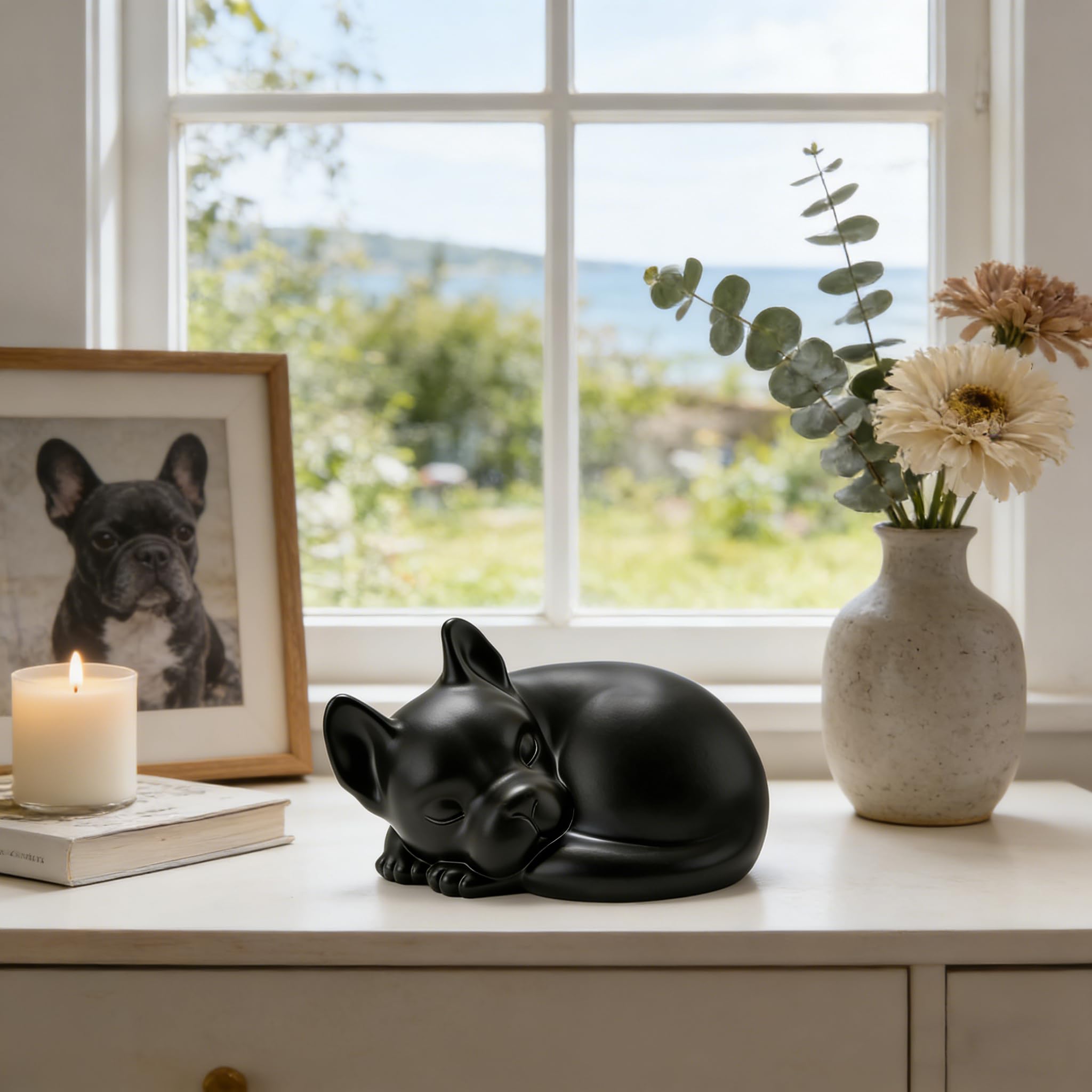 Urne FUFYUKEY pour bouledogue français endormi, design sûr et discret.