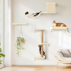 Étagères murales FUKUMARU pour chats en bois beige, stabilité assurée.