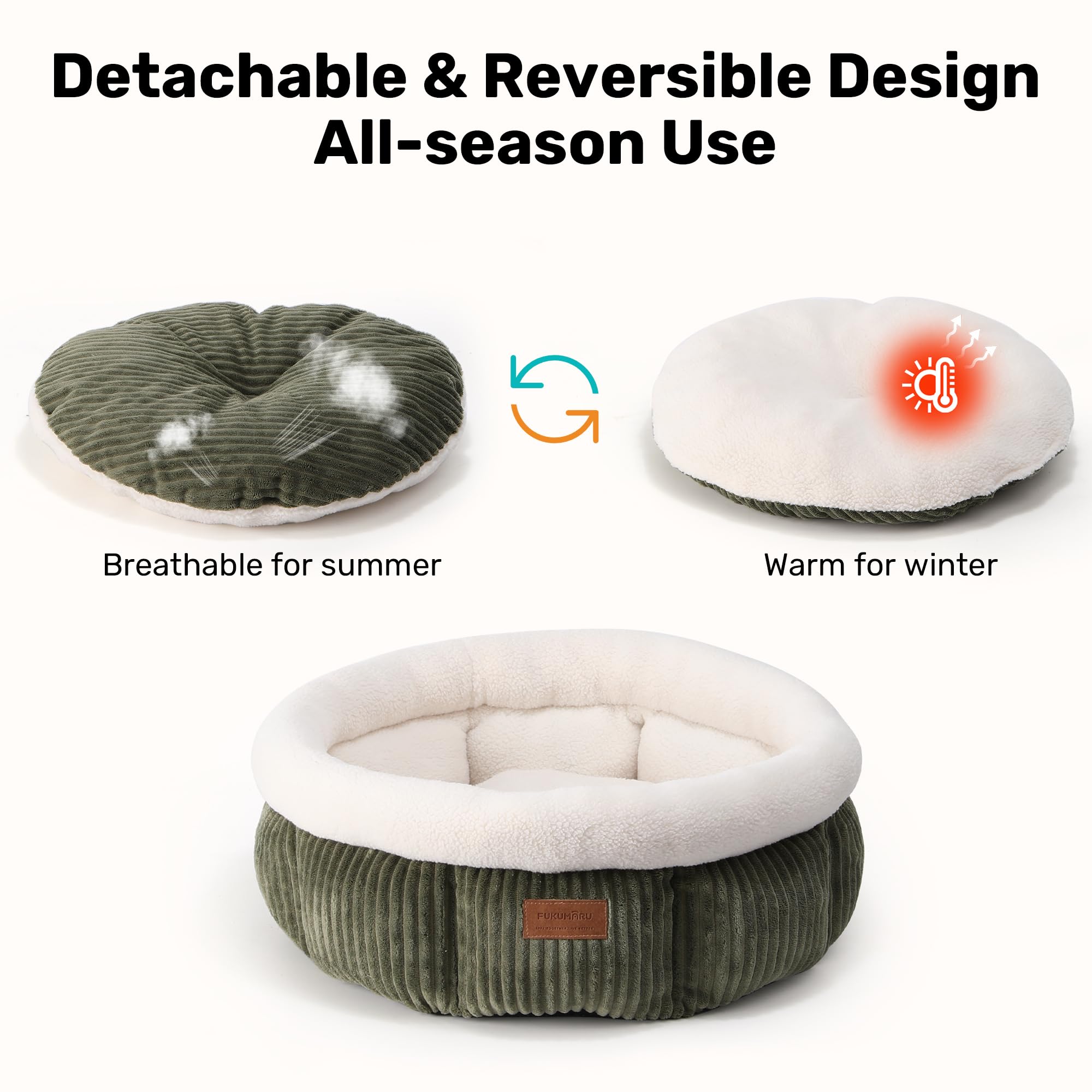 Lit FUKUMARU rond velours cotele vert, tissu doux et confortable.