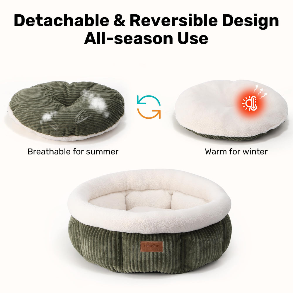Lit FUKUMARU rond velours cotele vert, tissu doux et confortable.